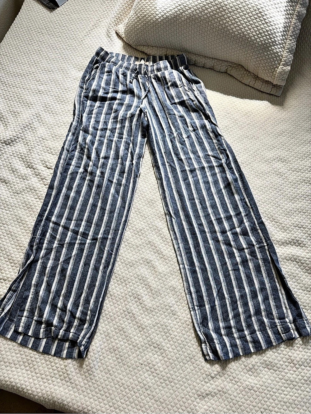Blue & White Striped Linen Blend Wide-Leg Pants